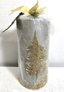 PIER 1 VTG 6" ROUND PILLAR CHRISTMASC CANDLE SILER/GOLD GLITTER-NEW - Picture 1 of 2