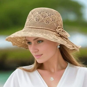 Floppy Foldable Ladies Women Straw Beach Sun Hat Summer Travel Wide Brim Cap - Picture 1 of 14