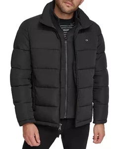 Calvin Klein Mens BLK Double Full-Zip Set-In Bib Puffer Jacket Coat Size L - Picture 1 of 8