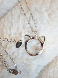 Sterling Silver Cat Necklace Cubic Zirconia Crystal, Cat Pendant Silver Chain - Picture 1 of 5