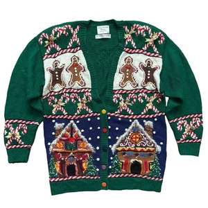 VTG 90s Marisa Christina Knit Ugly Sweater Women XL Gingerbread House Green Rare - Picture 1 of 11