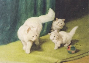 Kunstpostkarte - Arthur Heyer - Weiße Perserkatze mit zwei Kätzchen - Bild 1 von 1