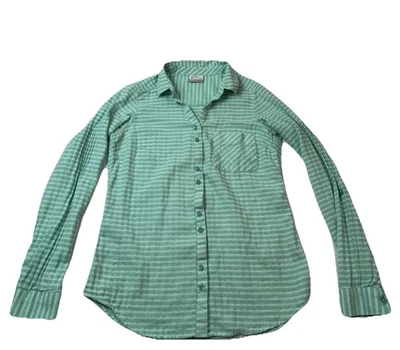 Camisa Columbia Botón Frontal Mujer XS Verde Rayas Manga Larga Pestaña Enrollable Foto 1 de 4
