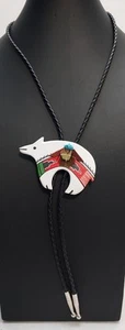 Hand Painted Bear w/ Turquoise Stone and Feather Bolo Tie "Quotskuyva - Hopi" - Picture 1 of 9