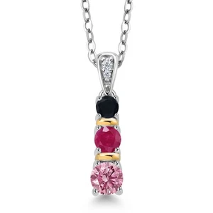925 Silver and 10K Yellow Gold  Pink Lab Grown Diamond Ruby and Onyx Pendant - Picture 1 of 3