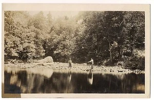 RPPC 2 MEN FISHING on Rocks Lake River LANDSCAPE Real Pic Photo POSTCARD - Bild 1 von 2
