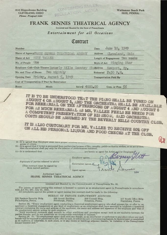 RUDY VALLEE - CONTRACT SIGNED 06/10/1949 WITH CO-SIGNERS Cover