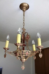 Antique Vintage 1920's Solid Brass Ceiling Light Fixture CHANDELIER Large 19" - Picture 1 of 15