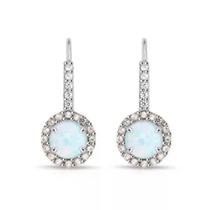 Round Halo Simulated Opal & Morganite Leverback Earrings in Sterling Silver - Picture 1 of 3