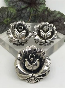 Signierte Israel Sterlingsilber 3D Puffrose Brosche/Anhänger & Clip Ohrring Set H - Bild 1 von 14