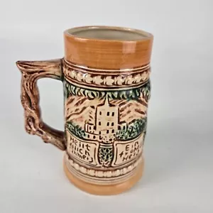 Taza de piedra de cerveza de cerámica estilo alemán vintage con diseño de arte popular bávaro y árbol - Imagen 1 de 7