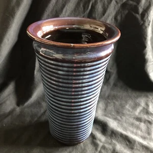 Handthrown Studio Blue Ridged Pottery Glaze Vase Pot Utensil Holder 22cm Tall - Picture 1 of 5