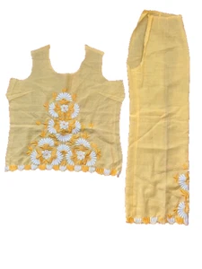 Fabric Cut Top Front Yellow Embroidery Flowers Unsewn 1 Pant Leg Flower Edge VTG - Picture 1 of 10