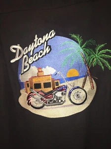 Daytona Beach Cruiser Mens Black Embroidered Silk Camp Shirt Sz Large EUC - Picture 1 of 9