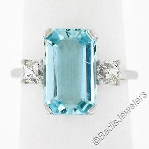 Platinum 4.55ctw Elongated Step Cut Aquamarine & Old Cut Diamond Cocktail Ring - Picture 1 of 9