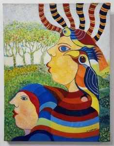 Vintage Signed Oil Painting, Birds on Women Klimt-like Fantasy Garden 46 x 35 cm - Picture 1 of 3
