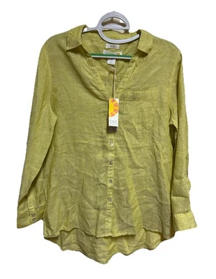 C&C California Blouse Shirt 100% Linen Size Large Yellow Roll Tab Sleeve NWT - Image 1 of 4