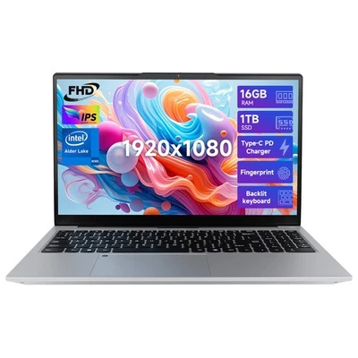 15.6 IPS FHD Laptop Intel Pentium 12th N100 Backlit Kb 8/16GB RAM 1TB SSD Win11 - Image 1 of 4