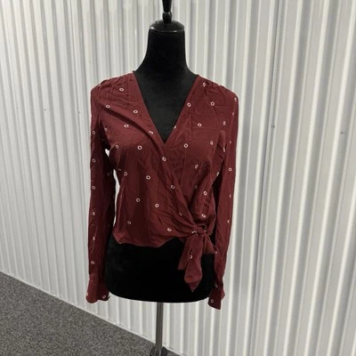 J. Blusa envolvente Crew para mujer de seda borgoña manga larga talla XS Foto 1 de 4