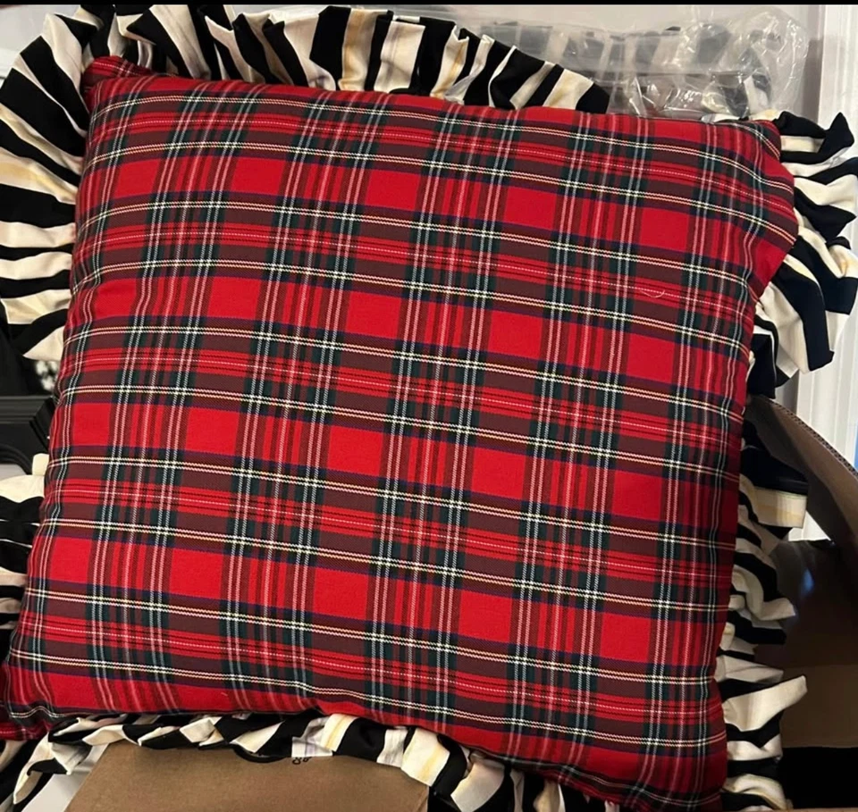 Brand New Mackenzie-Childs Red Tartan & Stripe Ruffle Pillow 20in Holiday Decor - Image 1 of 1