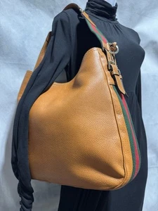 NEW GUCCI Pebbled Calfskin Leather Tabacco Web Heritage Large Shoulder Bag Charm - Imagen 1 de 23