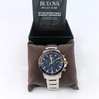 Bulova Marine Star C 98B301 Blue/Rose Gold Dial Men's Quartz Silver Watch 45mm - Image 1 of 4