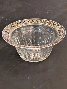 Antique Sterling Silver Pierced Rim Cut Glass Crystal Dish Bowl 5-1/2” Etched - Picture 1 of 5