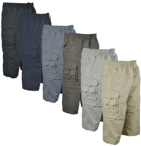  Mens 3/4 Elasticated Waist  Long Zip off Shorts 2 in 1 Cargo Combat 7 Pockets - Picture 1 of 12
