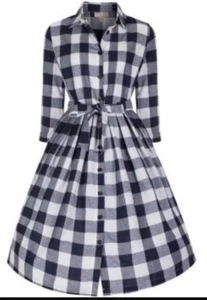 LINDY BOP Size 14 Charlotte 50's Navy White Gingham Dress 3/4 Sleeve Fit Flare - Picture 1 of 12