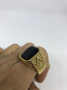 1980's Vintage Golden Stainless Steel Black Onyx Size 8 Men's Free Mason Ring - Picture 1 of 6