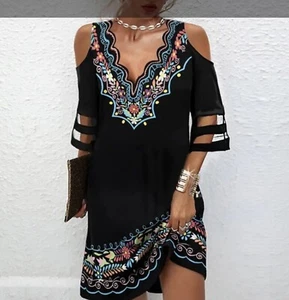 Colorful Ethnic Print Vold Shoulder Black Cut Mini Dress - Picture 1 of 1