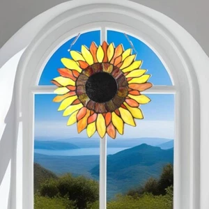 Yellow Sunflower Design Stained Glass Window Panel Suncatcher Round 16in - Picture 1 of 7