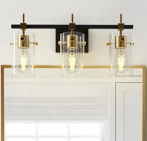 3 Light Bathroom Light Fixtures Black and Brushed Gold Vanity Light Fixture - Picture 1 of 2