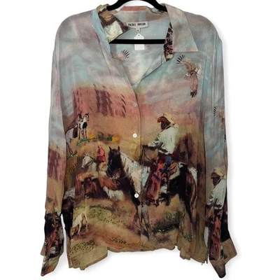 Top vaquero occidental vintage años 90 Nicole Taylor 100 % seda con cuentas botones talla XL Foto 1 de 4