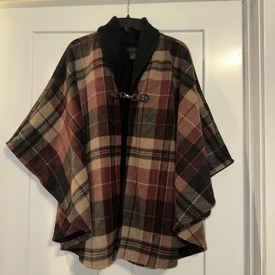 Rachel Roy Plaid Fleece Poncho Collar Wrap One Size Cozy Cape - Image 1 of 4