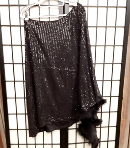 Schwarzes kurzes Kleid Pailletten One Fledermaus Federärmel XXL One Shoulder asymmetrisch - Bild 1 von 6