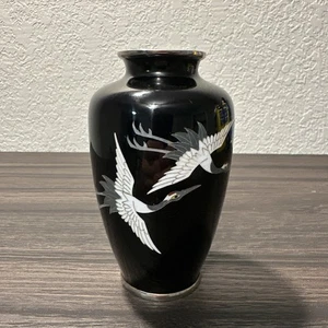 Vintage SATO Japanese Cloisonne' Vase with Flying Crane Decoration - Picture 1 of 6