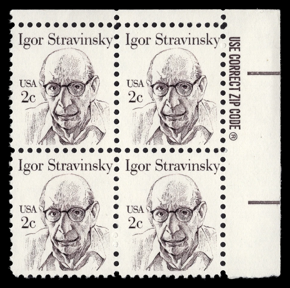 US Scott # 1845, Igor Stravinsky, Zip Block of (4) 1982 2¢ Stamps, MNH - Image 1 of 1