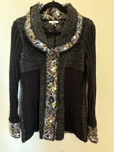 Sioni Anthropologie Black Cardigan Sweater Floral Embroidery Size M Wool Blend - Picture 1 of 12