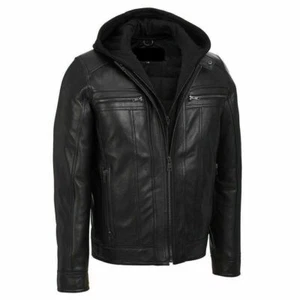 Removable Hood Men's Black Hooded Biker Jacket Real Lambskin Leather Jacket - Picture 1 of 5