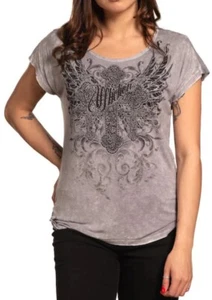 NWT Affliction Caldwell Creek T-Shirt Women Size Small Gray Rhinestones Wings - Picture 1 of 7