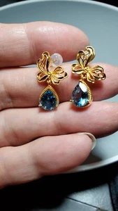 4.20 CT SWISS BLUE TOPAZ 18KT SOLID YELLOW GOLD BUTTERFLY DANGLE EARRINGS - Picture 1 of 24