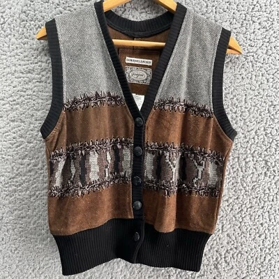 Vtg Jou Jou Leather Hand Knit Western Vest Women’s Large Boho Bikercore - Image 1 of 4
