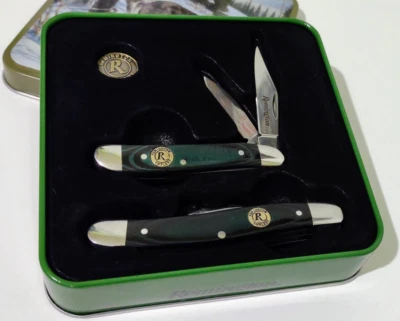 LOT 2 REMINGTON KNIVES HUNTING POCKET KNIFE SET W DISPLAY CASE TIMBER WOLF ! - Image 1 of 4