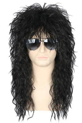 Men’s 80s Wig Black Mullet Wigs Halloween Costume Male Wig Punk Heavy Metal Rock - Image 1 of 4