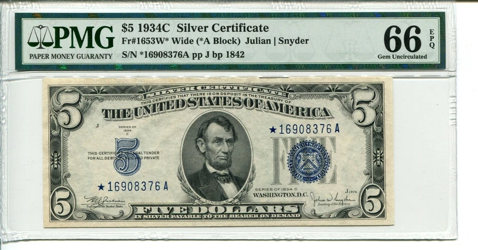 FR 1653W* WIDE STAR 1934C $5 SILVER CERTIFICATE PMG 66 EPQ GEM UNCIRCULATED - Image 1 of 1