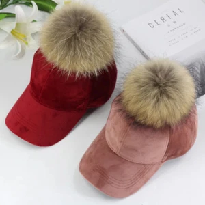 Women Adjustable Baseball Caps Fur Pompom Ball Cap Casual Snapback Winter Hats - Picture 1 of 10