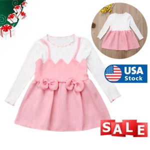 Kids Baby Girls Toddler Princess Pageant Party Long Sleeve Bowknot Pink Dress - Picture 1 of 9