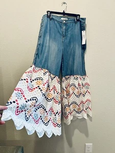 Pantalones de mezclilla para mujer pierna extra ancha blancos ojales bordados campana grande talla 10 - Imagen 1 de 8