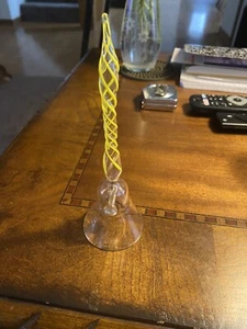 Vintage Bimini Art Glass Yellow/Clear 7” Tall Swirl Bell w Glass Clapper - Picture 1 of 10